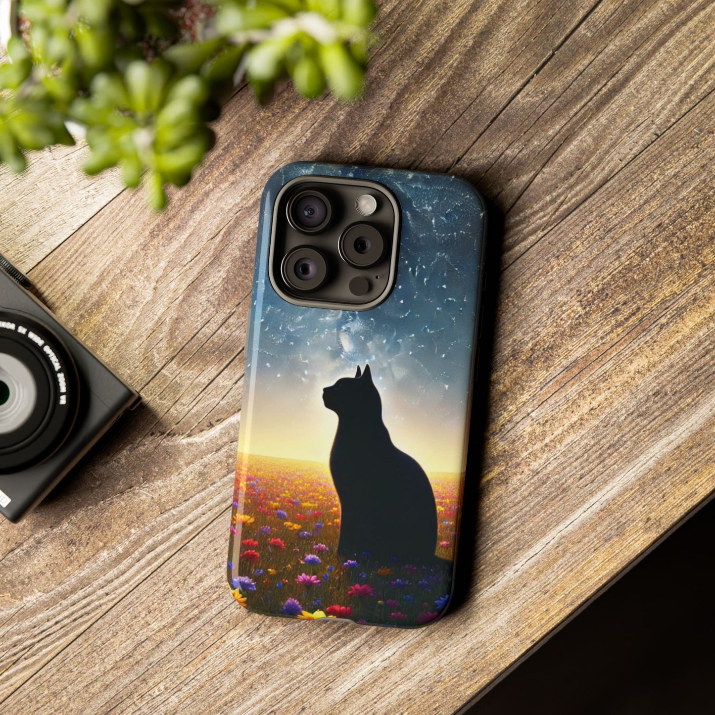 Cat Silhouette Phone Case | Floral Night Sky Design | Unique Gift, Cat Lover, Nature Lover, Birthday, Handmade