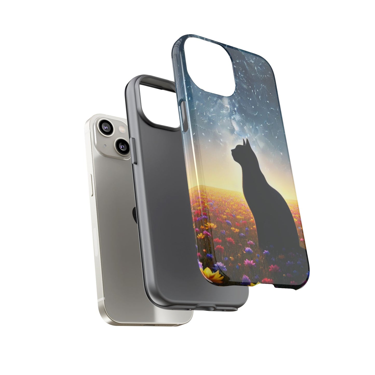 Cat Silhouette Phone Case | Floral Night Sky Design | Unique Gift, Cat Lover, Nature Lover, Birthday, Handmade