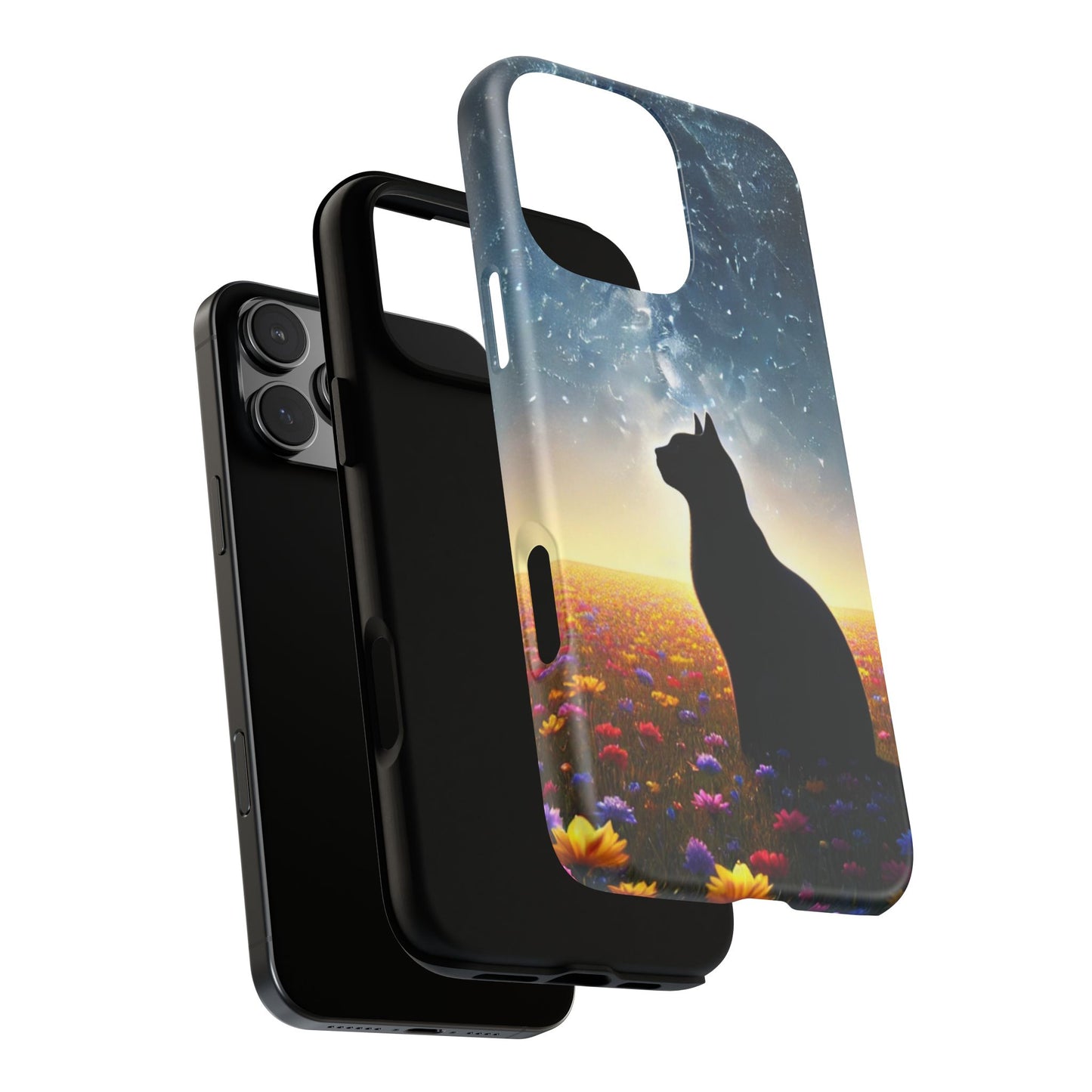 Cat Silhouette Phone Case | Floral Night Sky Design | Unique Gift, Cat Lover, Nature Lover, Birthday, Handmade