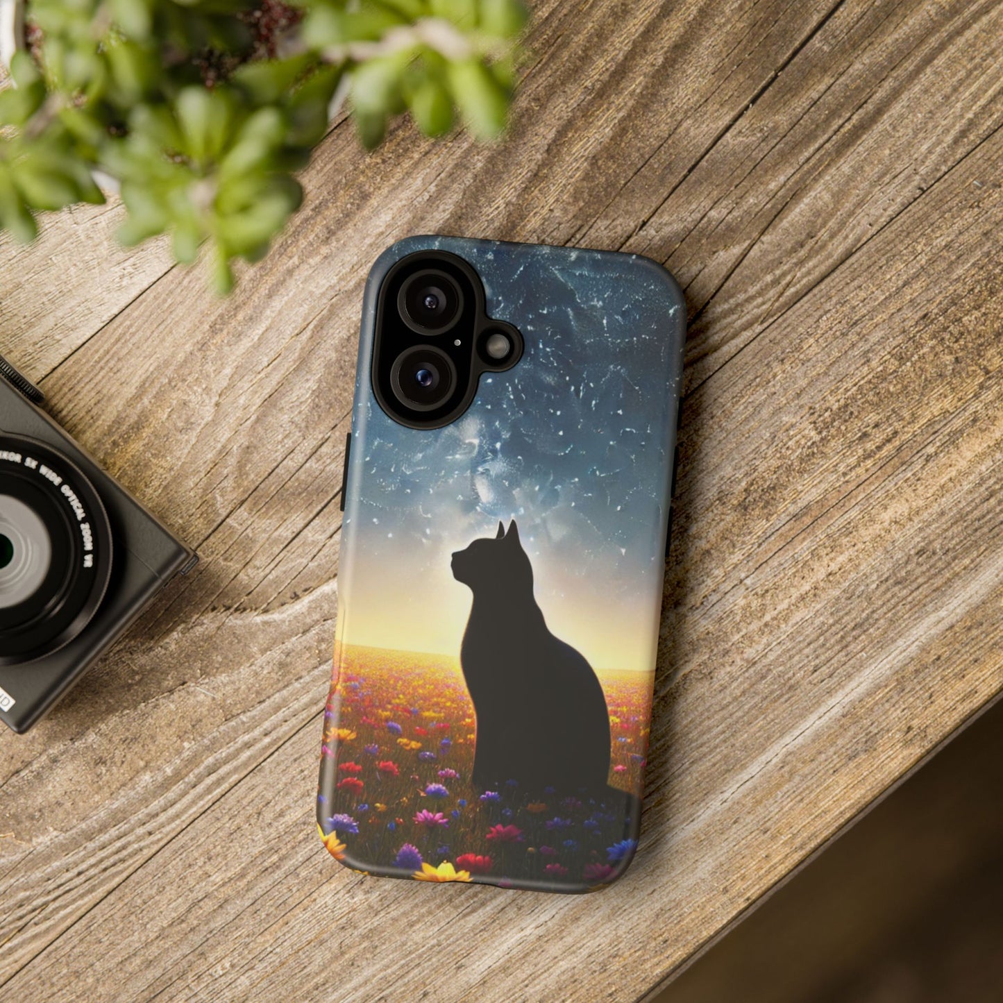 Cat Silhouette Phone Case | Floral Night Sky Design | Unique Gift, Cat Lover, Nature Lover, Birthday, Handmade