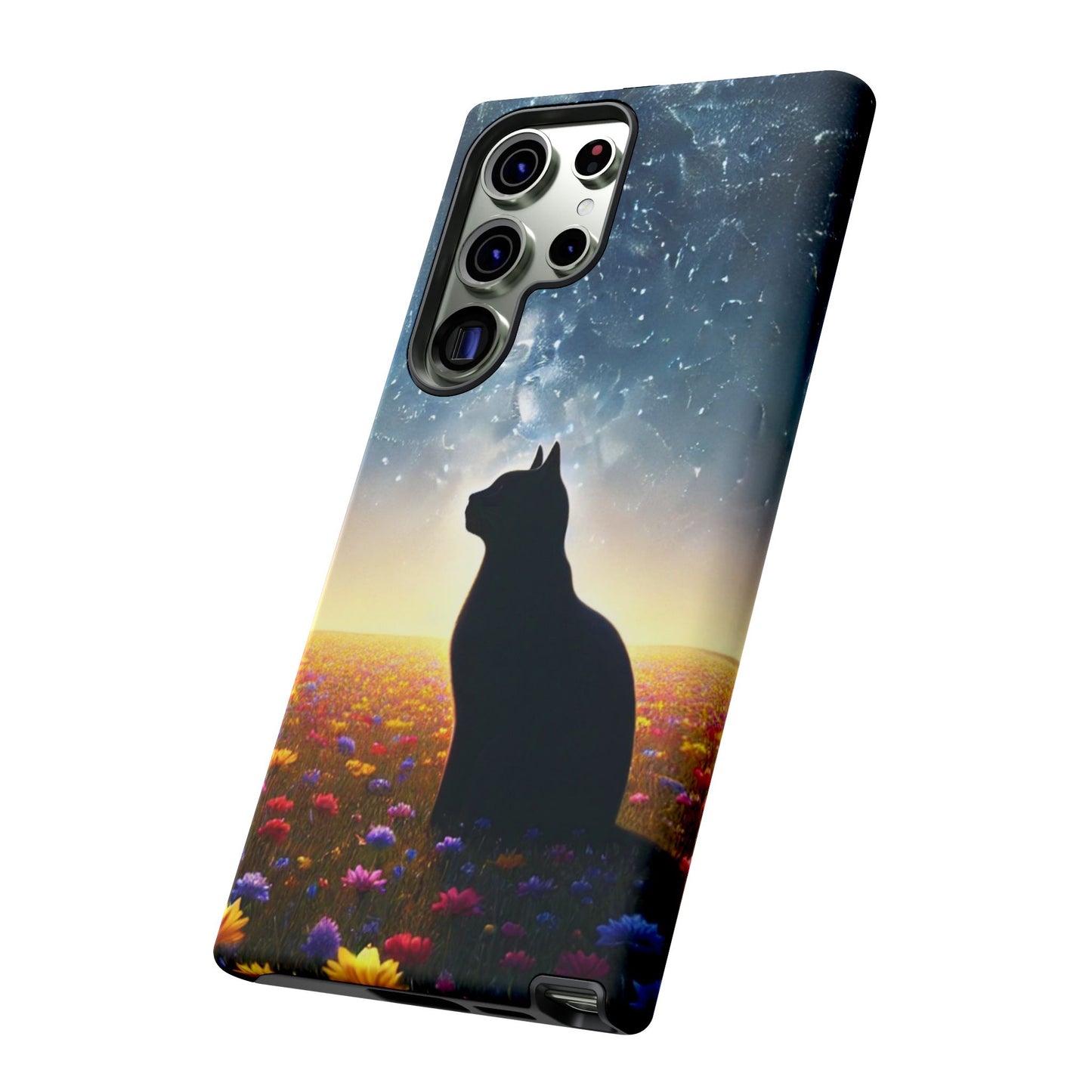 Cat Silhouette Phone Case | Floral Night Sky Design | Unique Gift, Cat Lover, Nature Lover, Birthday, Handmade