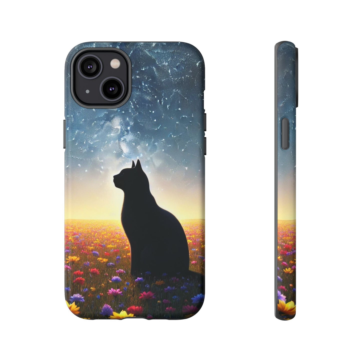 Cat Silhouette Phone Case | Floral Night Sky Design | Unique Gift, Cat Lover, Nature Lover, Birthday, Handmade