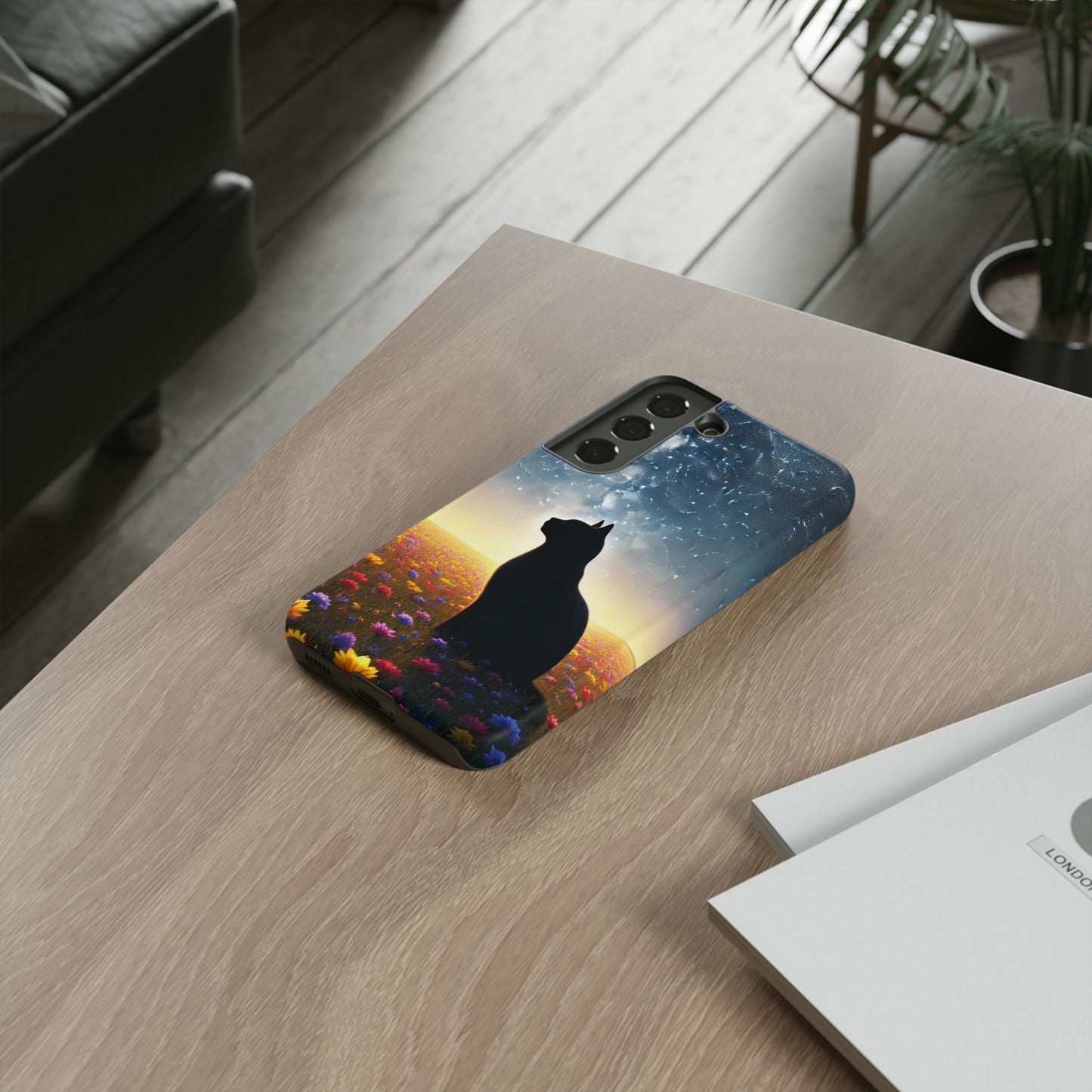 Cat Silhouette Phone Case | Floral Night Sky Design | Unique Gift, Cat Lover, Nature Lover, Birthday, Handmade