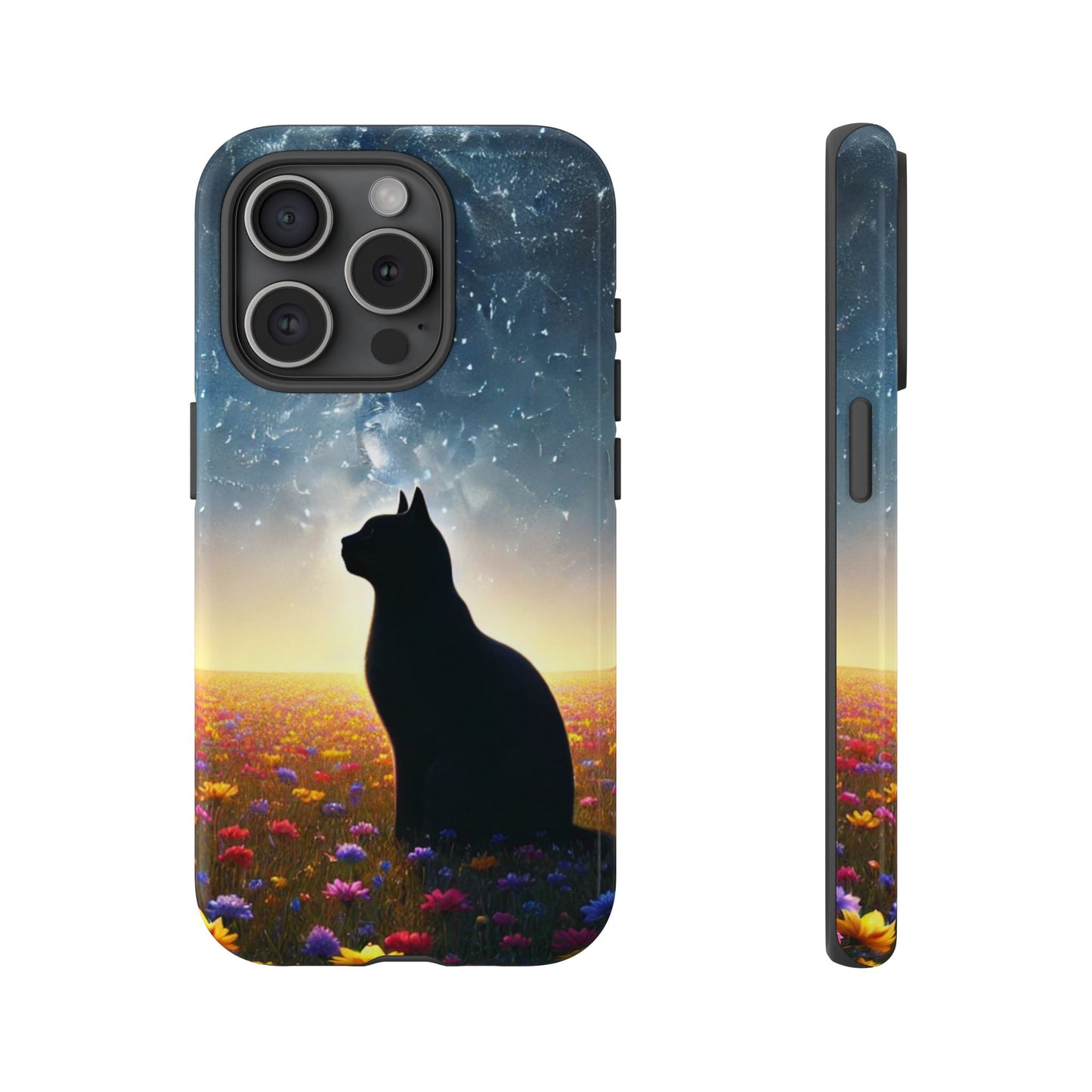Cat Silhouette Phone Case | Floral Night Sky Design | Unique Gift, Cat Lover, Nature Lover, Birthday, Handmade