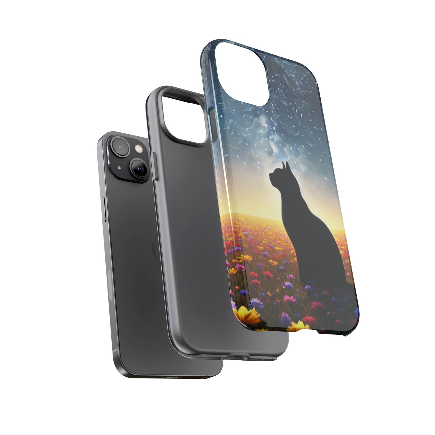 Cat Silhouette Phone Case | Floral Night Sky Design | Unique Gift, Cat Lover, Nature Lover, Birthday, Handmade