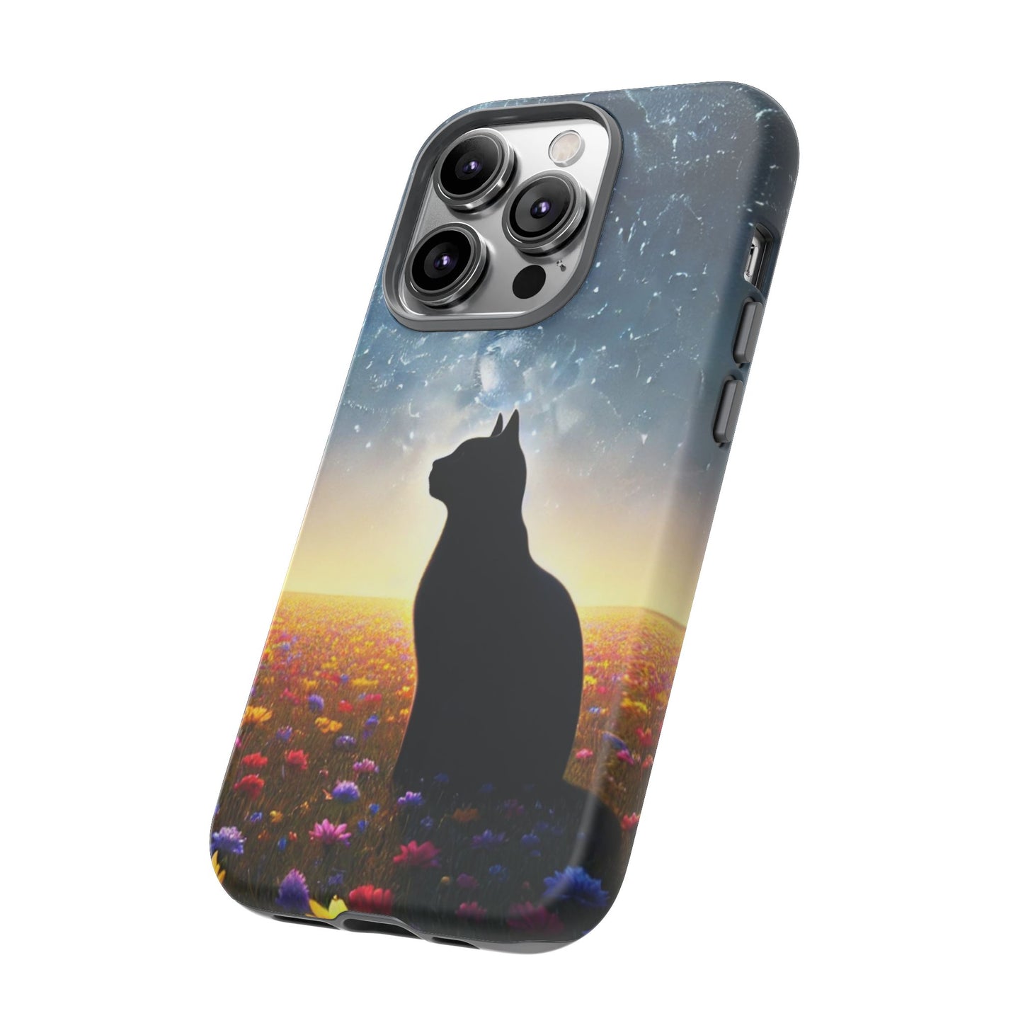 Cat Silhouette Phone Case | Floral Night Sky Design | Unique Gift, Cat Lover, Nature Lover, Birthday, Handmade