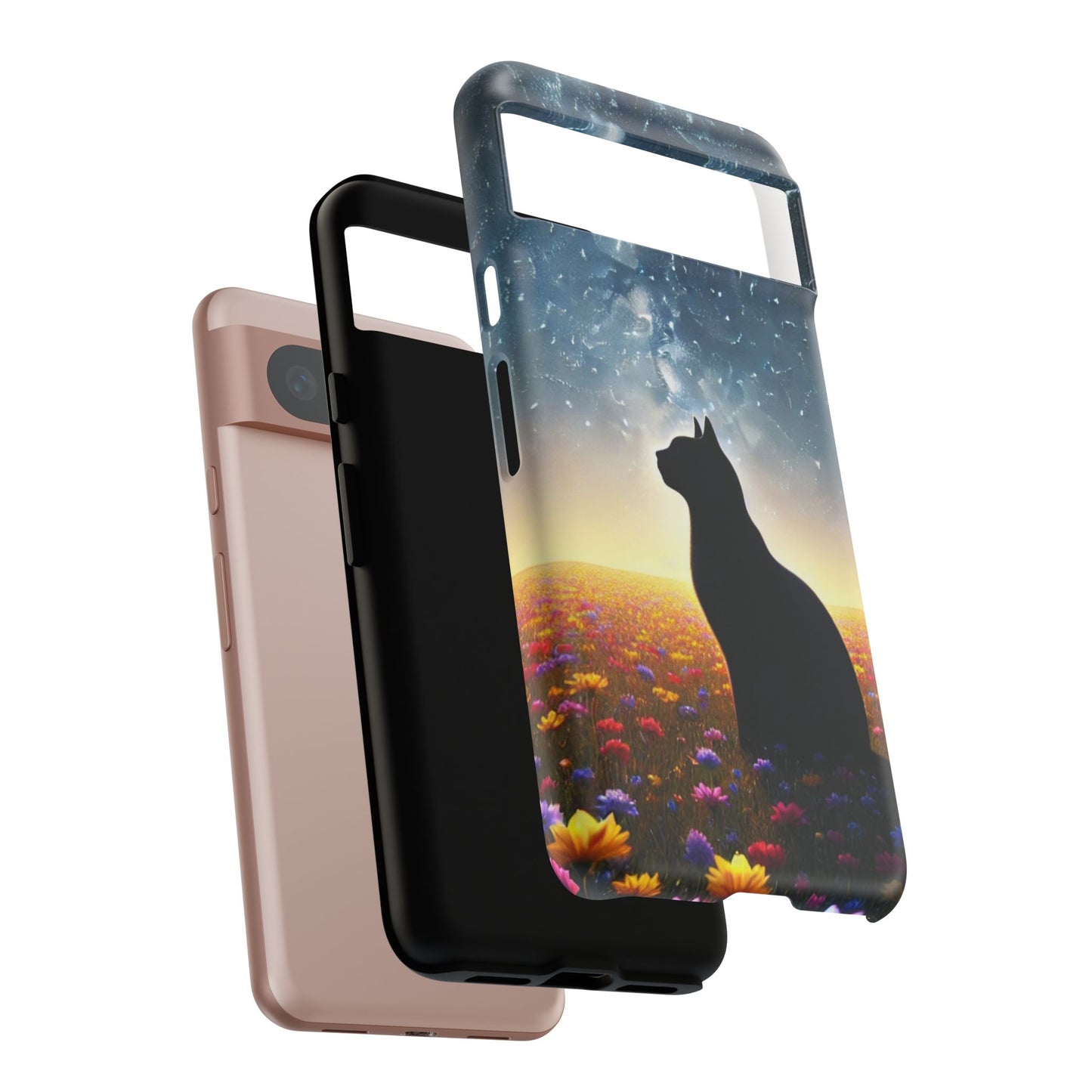 Cat Silhouette Phone Case | Floral Night Sky Design | Unique Gift, Cat Lover, Nature Lover, Birthday, Handmade