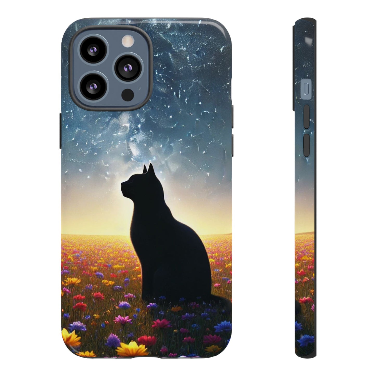 Cat Silhouette Phone Case | Floral Night Sky Design | Unique Gift, Cat Lover, Nature Lover, Birthday, Handmade