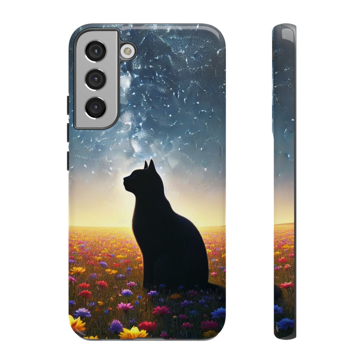 Cat Silhouette Phone Case | Floral Night Sky Design | Unique Gift, Cat Lover, Nature Lover, Birthday, Handmade