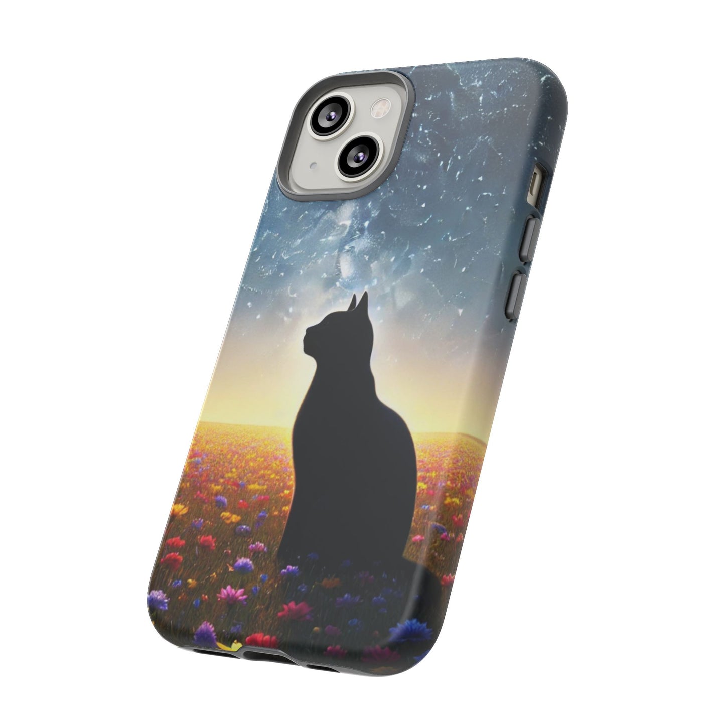 Cat Silhouette Phone Case | Floral Night Sky Design | Unique Gift, Cat Lover, Nature Lover, Birthday, Handmade