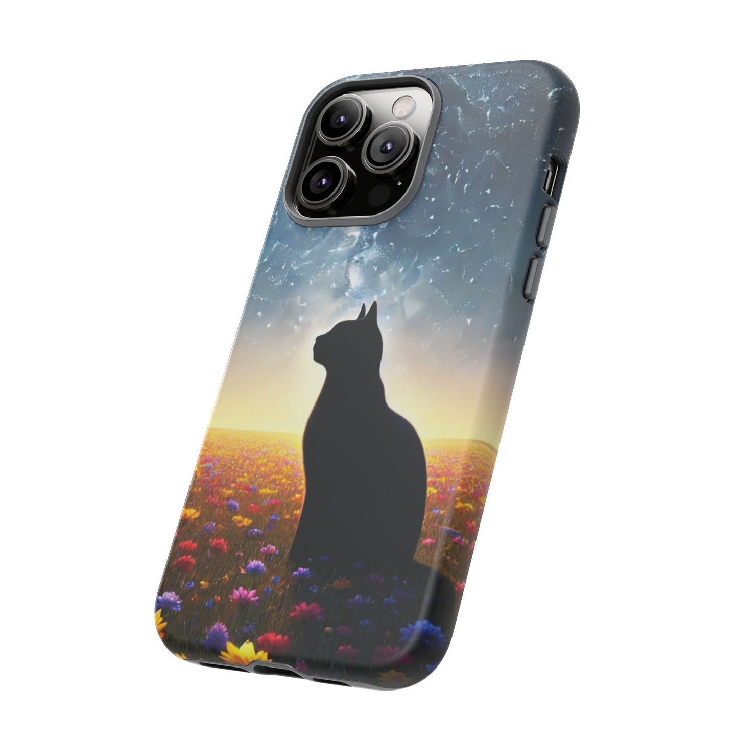 Cat Silhouette Phone Case | Floral Night Sky Design | Unique Gift, Cat Lover, Nature Lover, Birthday, Handmade
