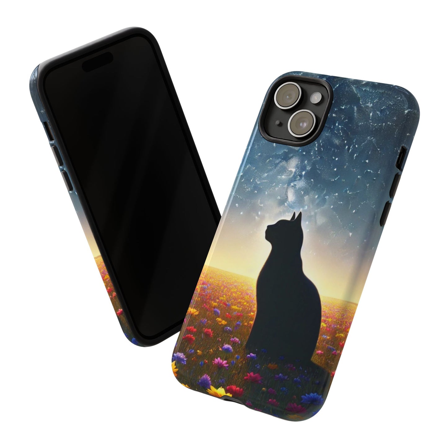 Cat Silhouette Phone Case | Floral Night Sky Design | Unique Gift, Cat Lover, Nature Lover, Birthday, Handmade