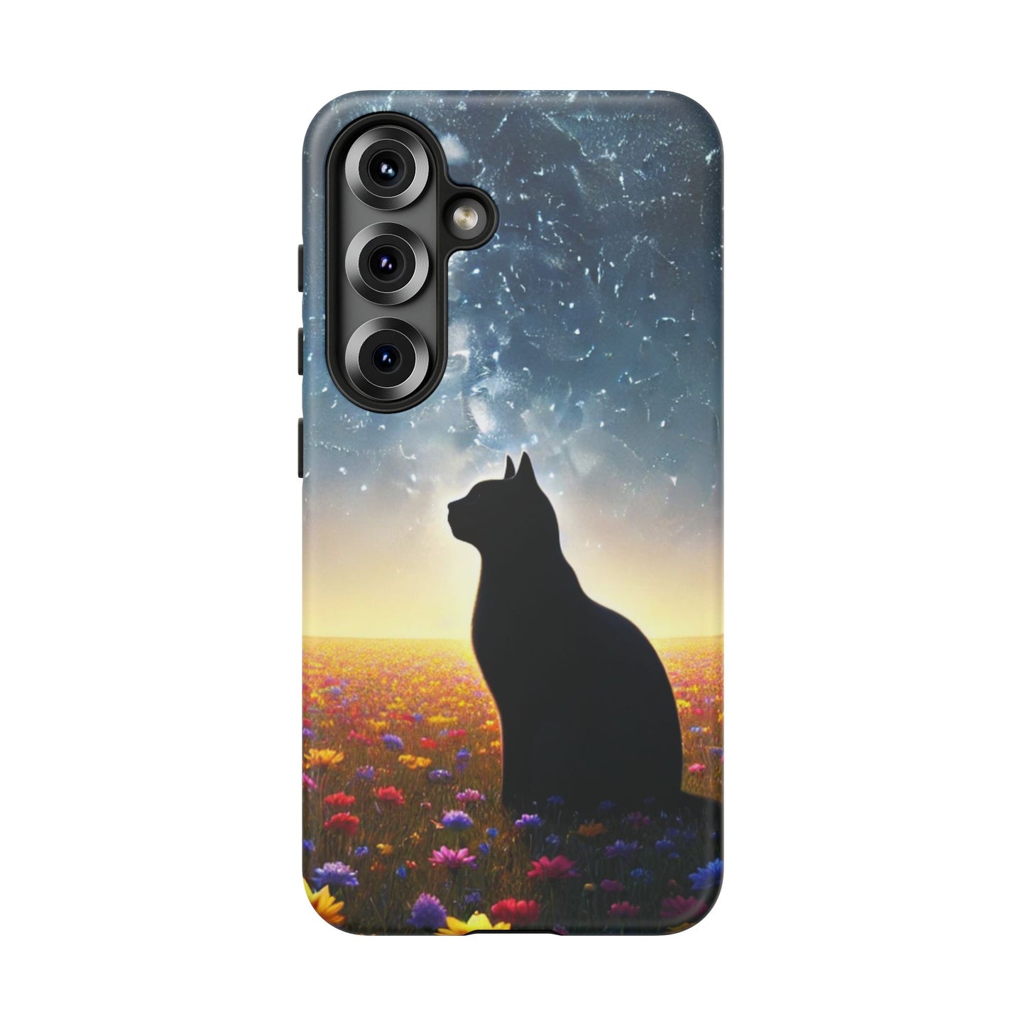 Cat Silhouette Phone Case | Floral Night Sky Design | Unique Gift, Cat Lover, Nature Lover, Birthday, Handmade