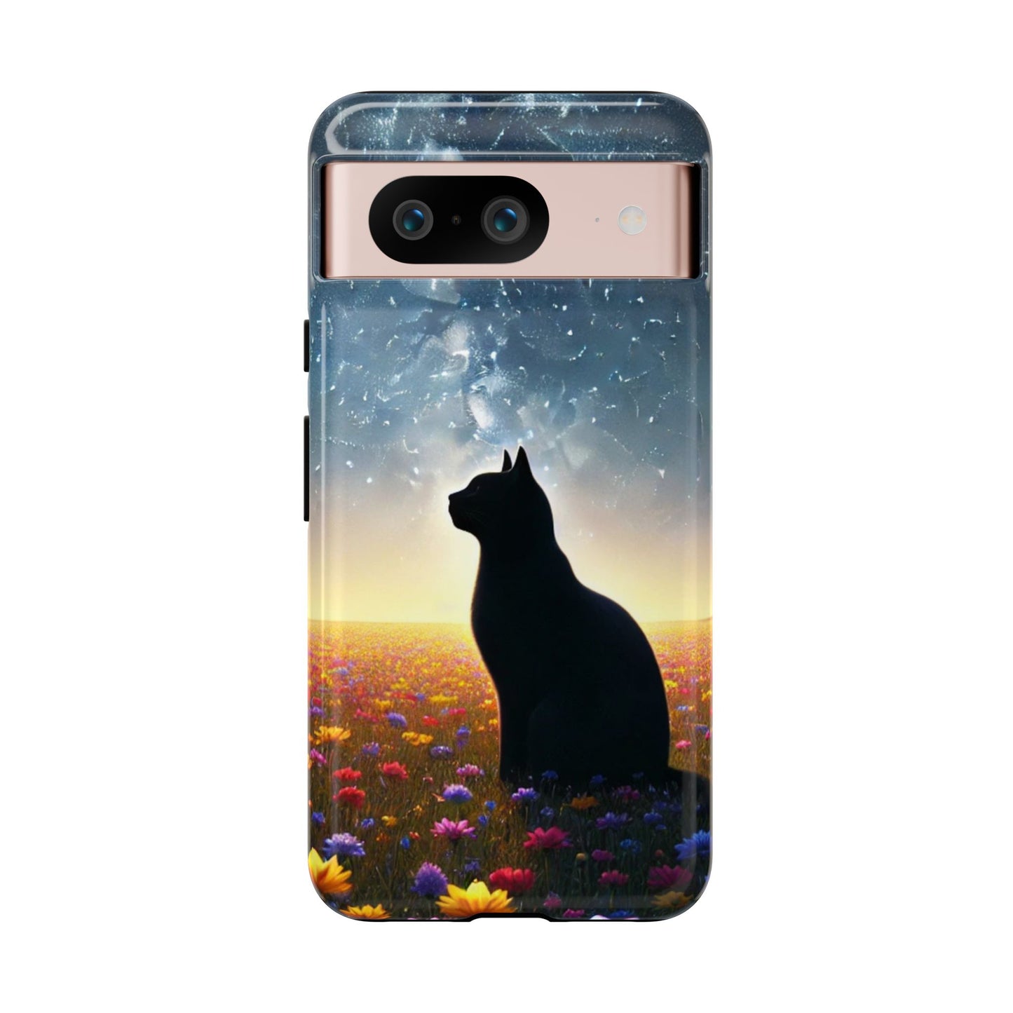 Cat Silhouette Phone Case | Floral Night Sky Design | Unique Gift, Cat Lover, Nature Lover, Birthday, Handmade