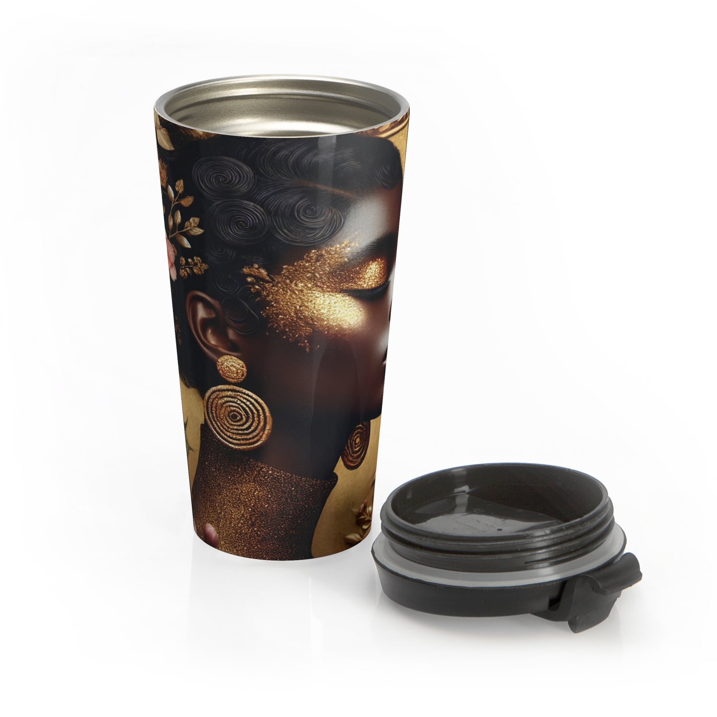 Golden Afro Woman Stainless Steel Travel Mug | Afrocentric Art, Floral Accents