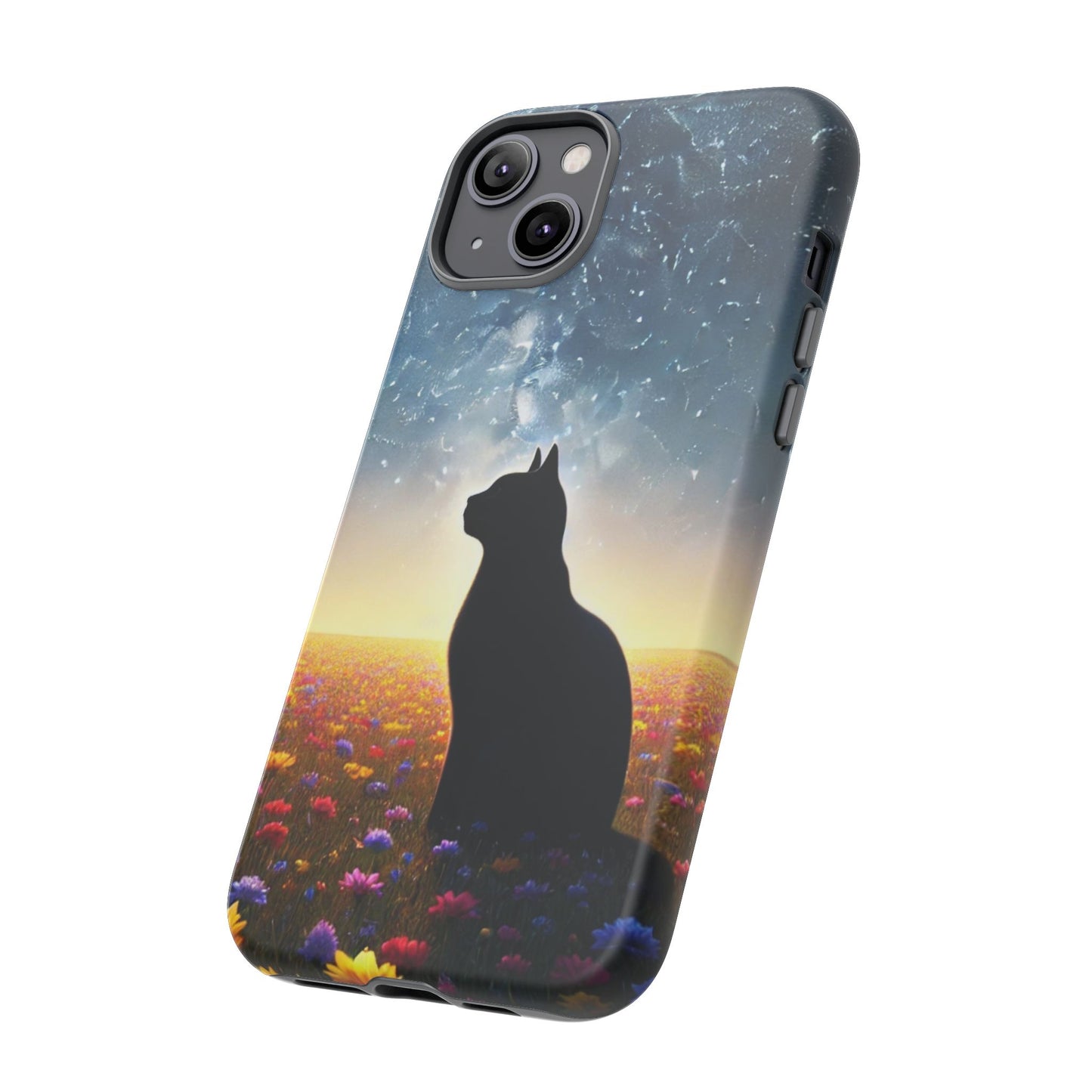 Cat Silhouette Phone Case | Floral Night Sky Design | Unique Gift, Cat Lover, Nature Lover, Birthday, Handmade