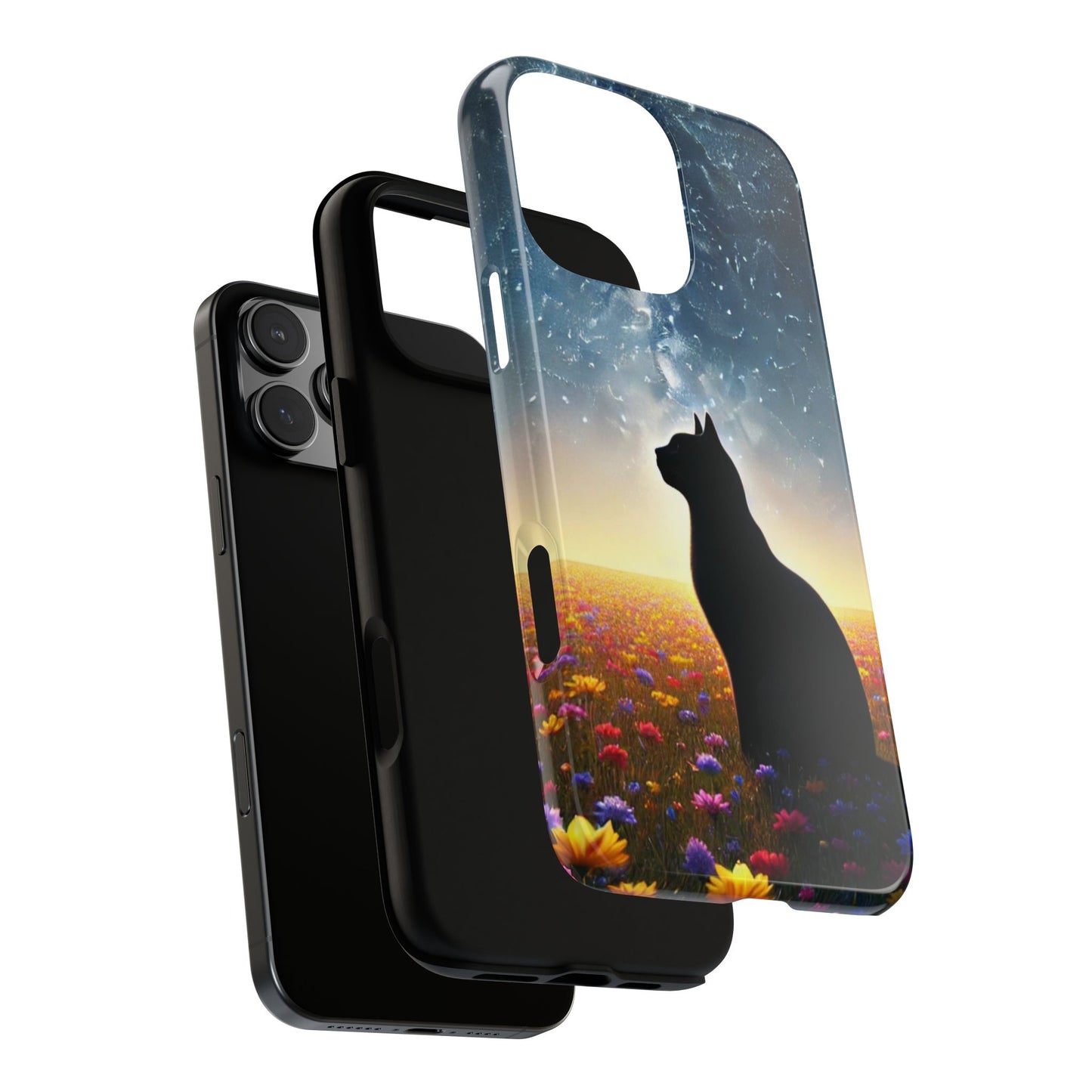 Cat Silhouette Phone Case | Floral Night Sky Design | Unique Gift, Cat Lover, Nature Lover, Birthday, Handmade
