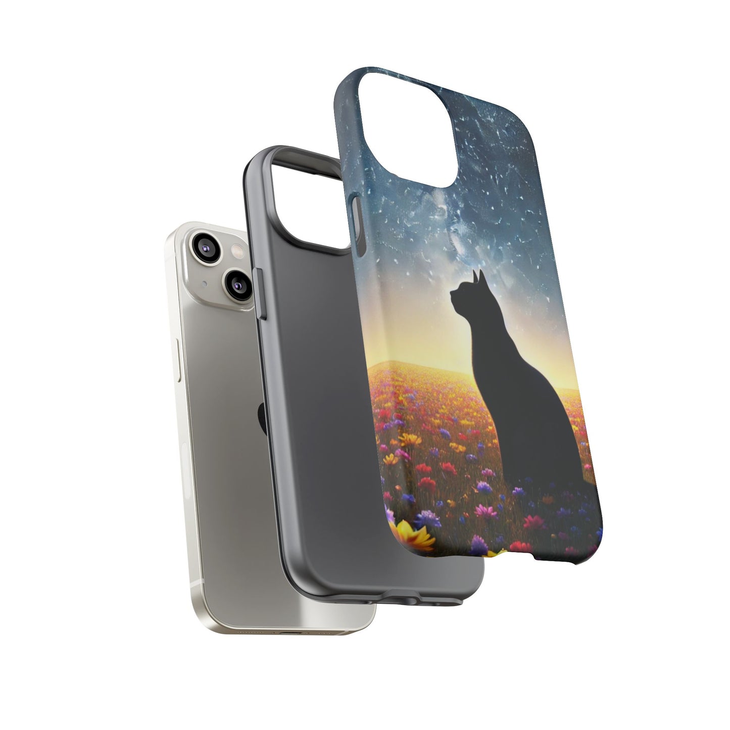 Cat Silhouette Phone Case | Floral Night Sky Design | Unique Gift, Cat Lover, Nature Lover, Birthday, Handmade