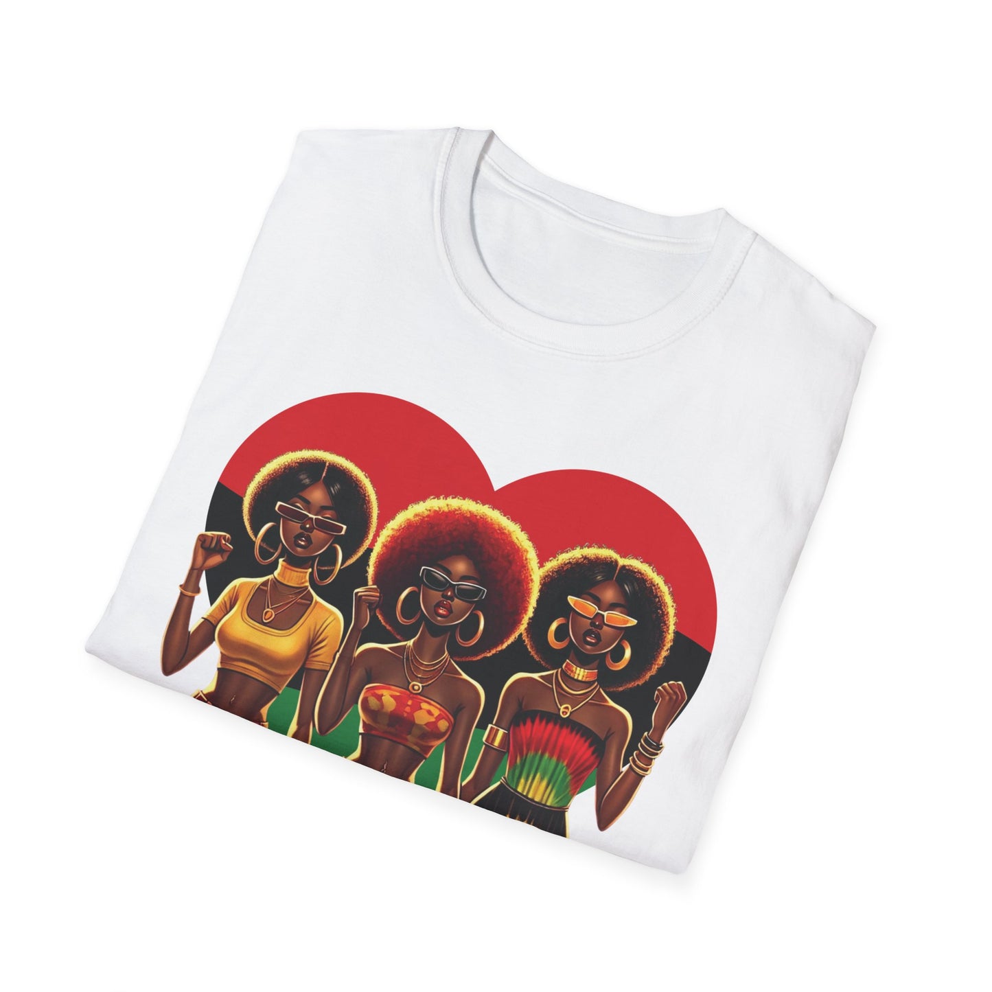 Black Queen Sisters Graphic T-Shirt – Afrocentric Pride, Red-Gold-Green Heart Design