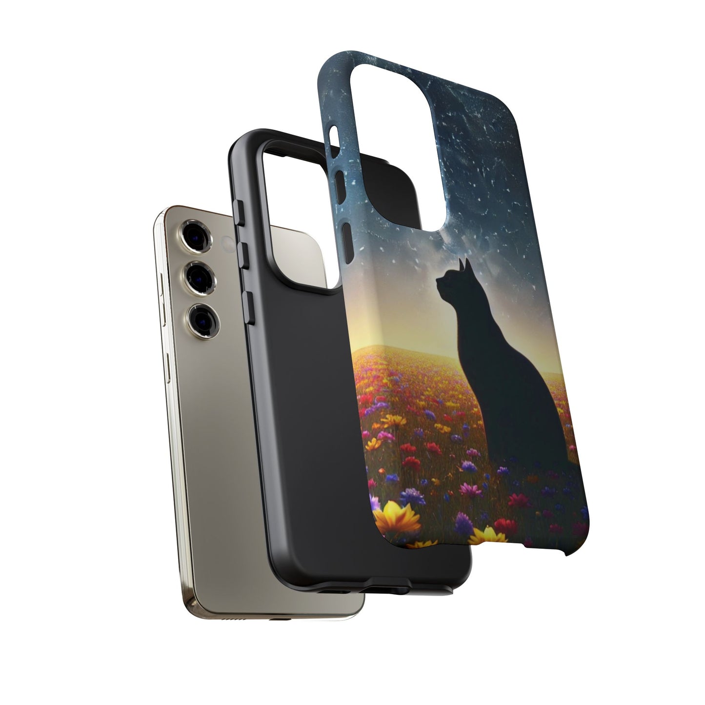 Cat Silhouette Phone Case | Floral Night Sky Design | Unique Gift, Cat Lover, Nature Lover, Birthday, Handmade