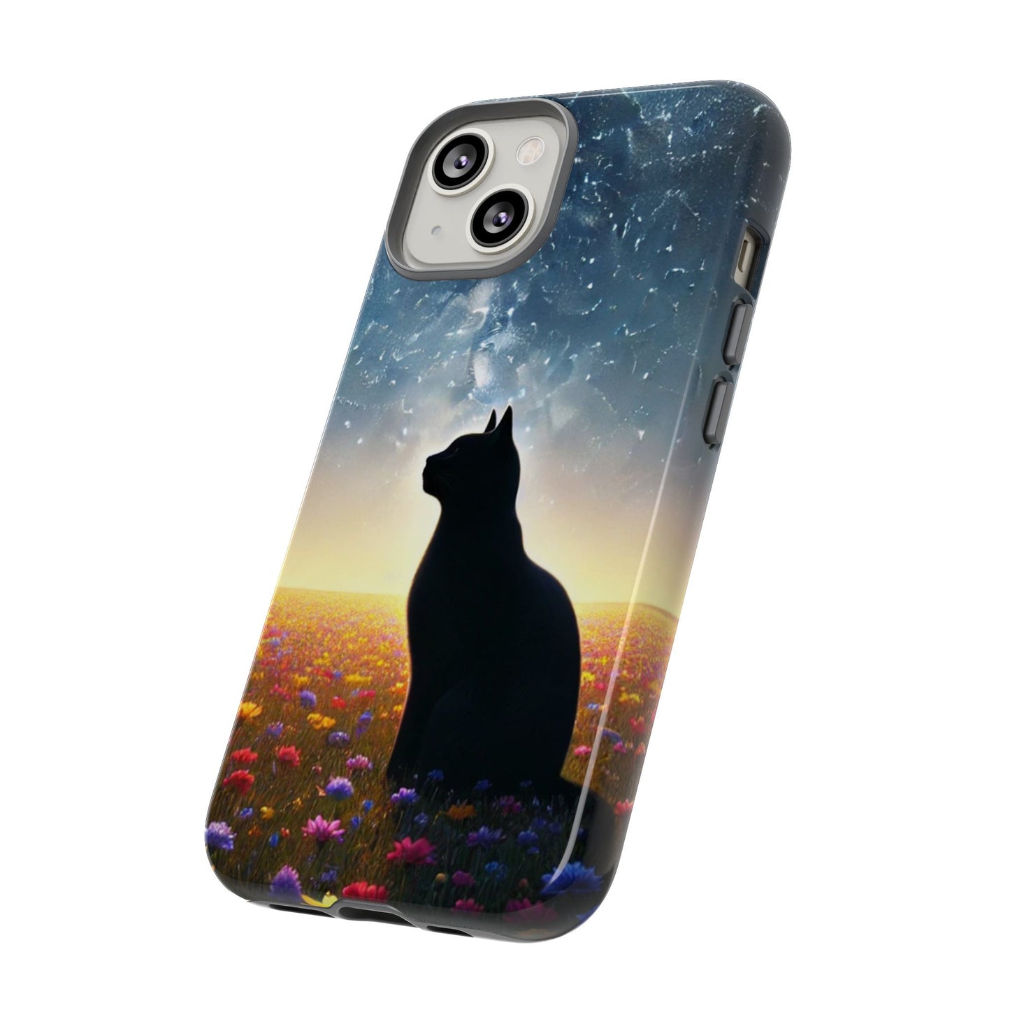 Cat Silhouette Phone Case | Floral Night Sky Design | Unique Gift, Cat Lover, Nature Lover, Birthday, Handmade