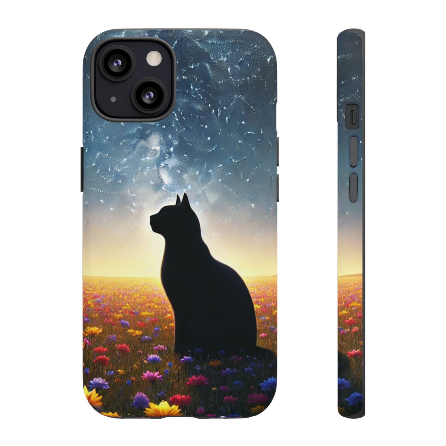 Cat Silhouette Phone Case | Floral Night Sky Design | Unique Gift, Cat Lover, Nature Lover, Birthday, Handmade