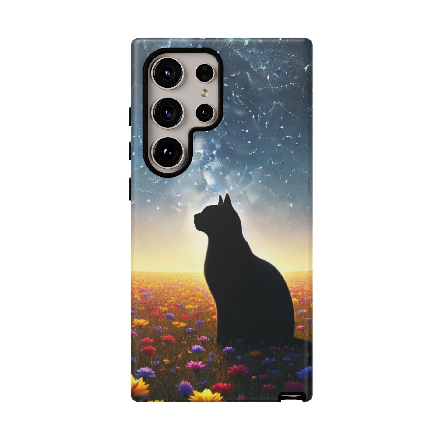 Cat Silhouette Phone Case | Floral Night Sky Design | Unique Gift, Cat Lover, Nature Lover, Birthday, Handmade