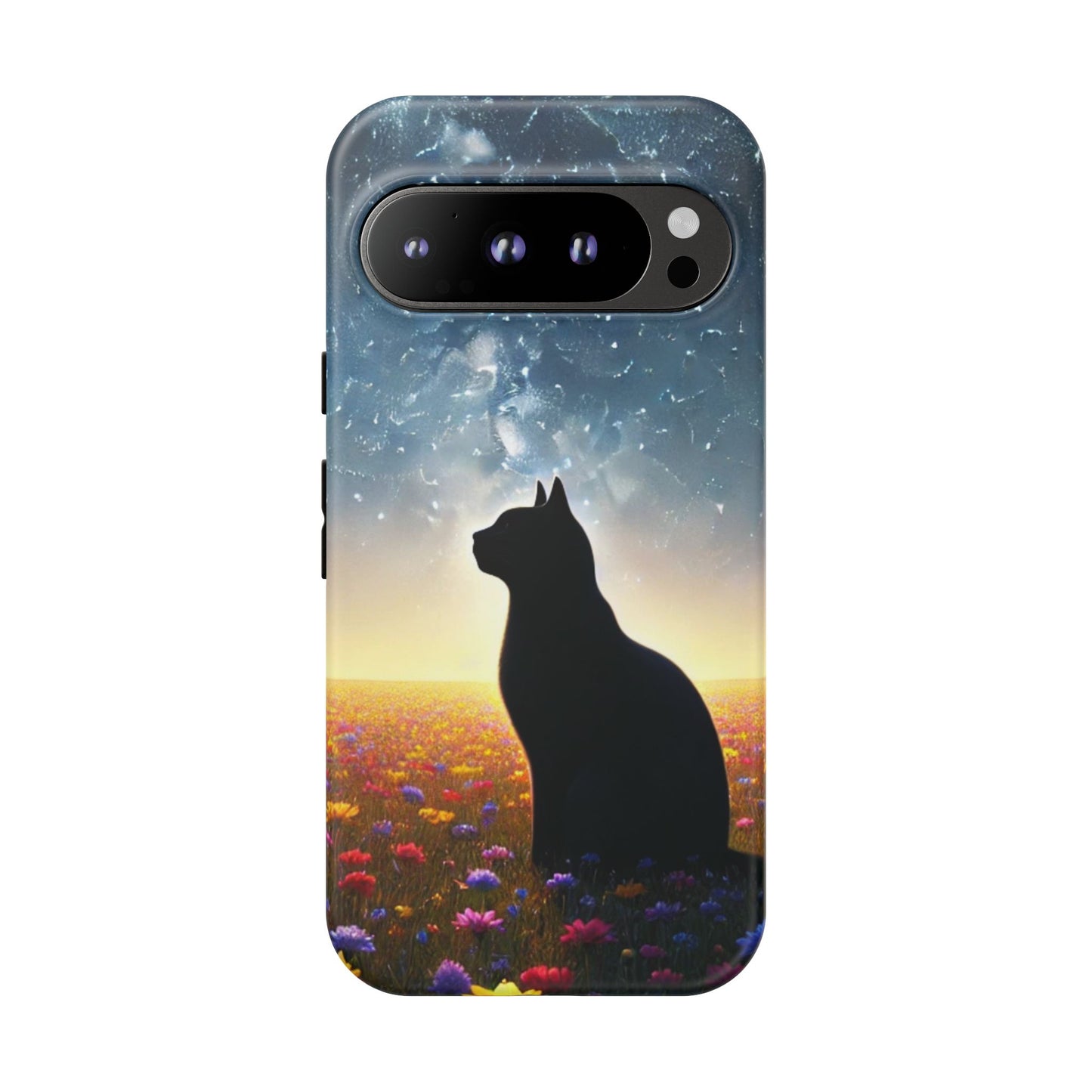 Cat Silhouette Phone Case | Floral Night Sky Design | Unique Gift, Cat Lover, Nature Lover, Birthday, Handmade