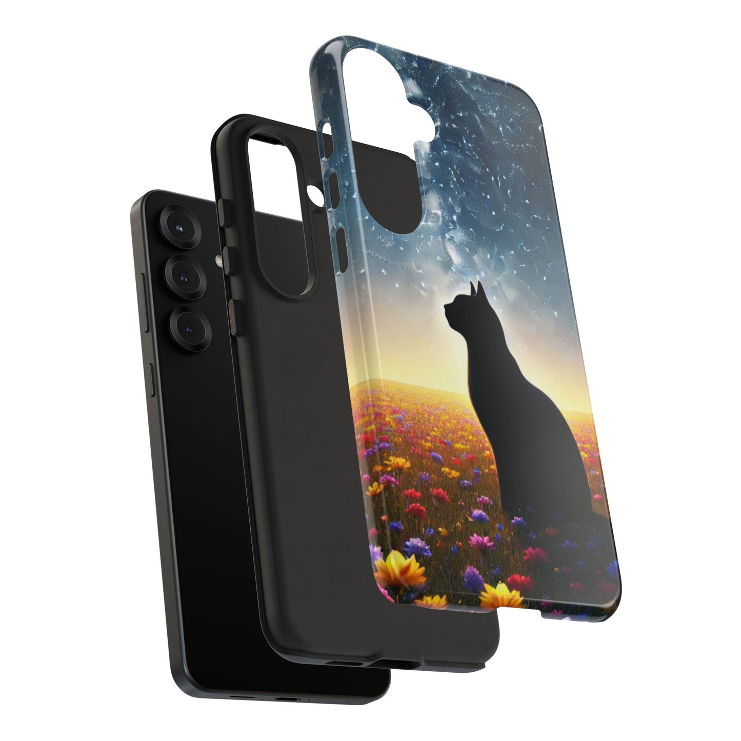 Cat Silhouette Phone Case | Floral Night Sky Design | Unique Gift, Cat Lover, Nature Lover, Birthday, Handmade