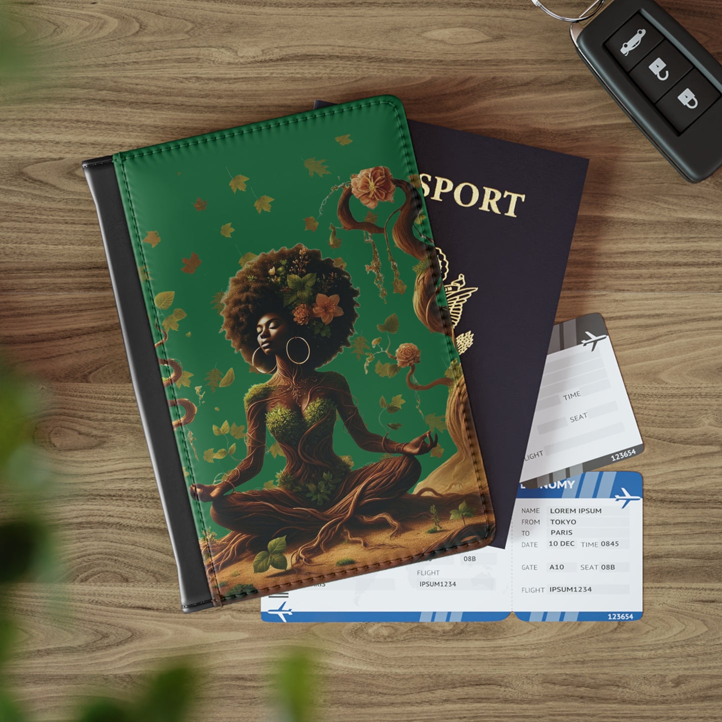 Afro Goddess Tree Pose Passport Cover | Meditative Nature Illustration