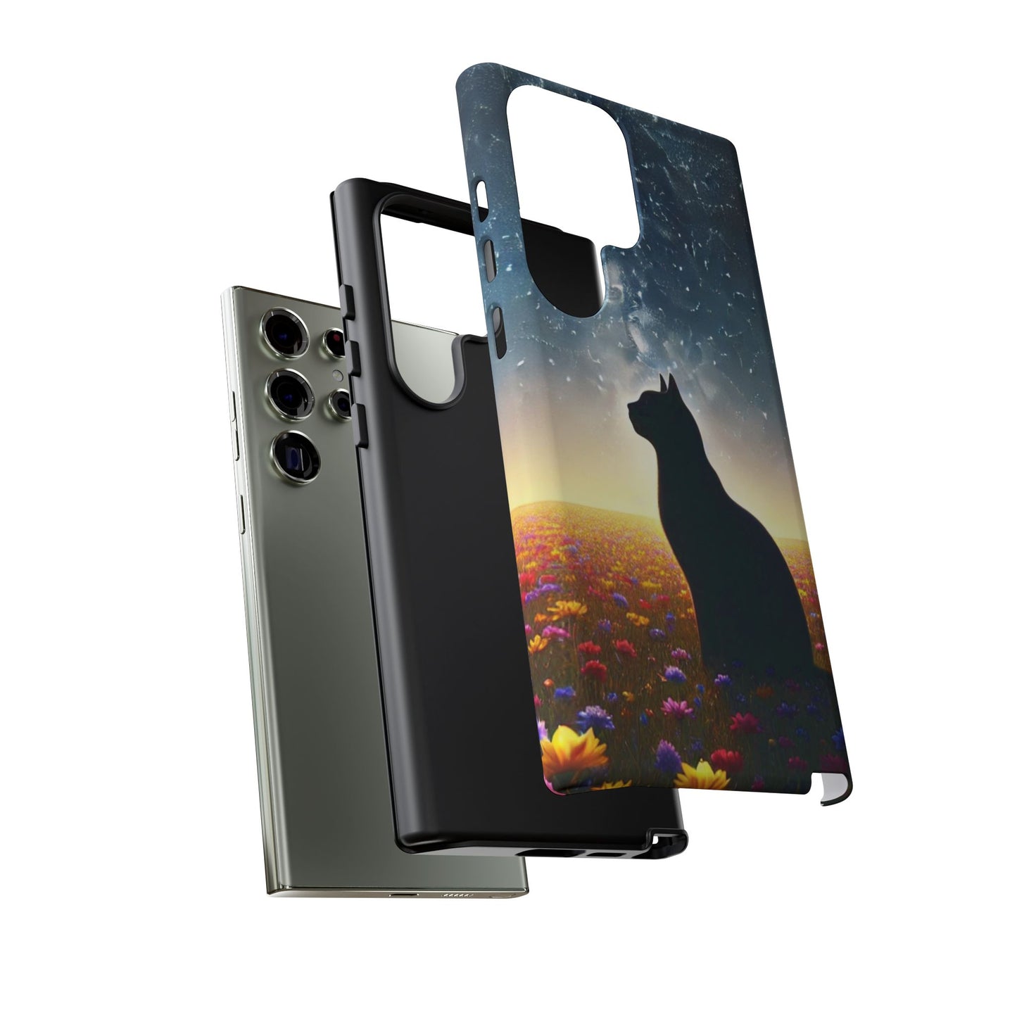Cat Silhouette Phone Case | Floral Night Sky Design | Unique Gift, Cat Lover, Nature Lover, Birthday, Handmade