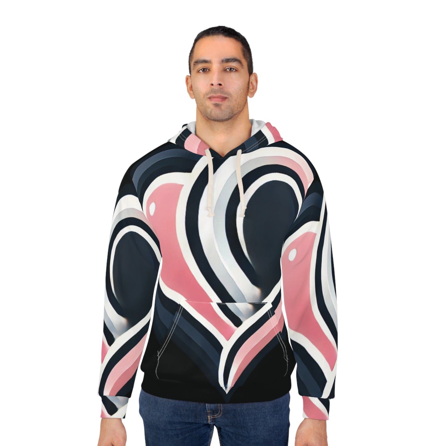 Heart Pattern Hoodie — Pink & Navy All-Over Print Pullover