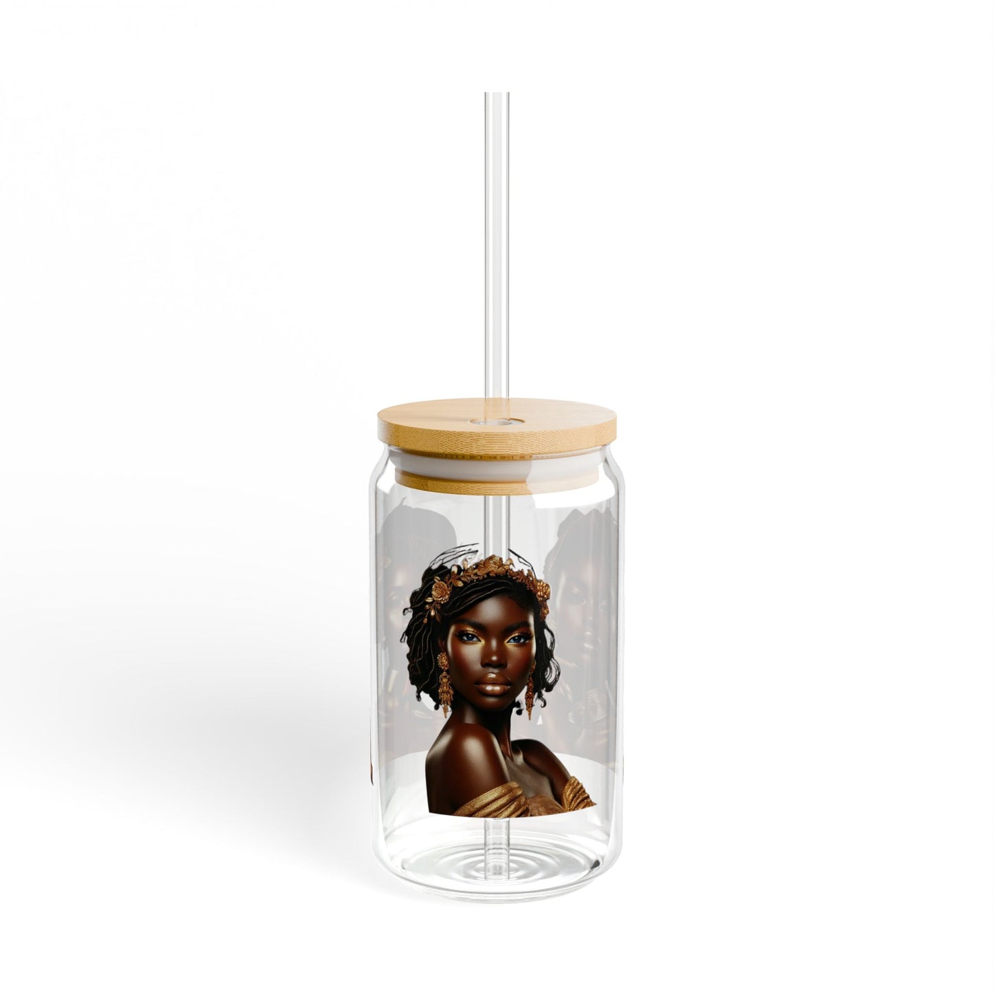 Elegant African Woman Sipper Glass, 16oz Drinkware, Stylish Water Bottle, Reusable Glass Jar, Unique Gift Idea, Ethnic Decor