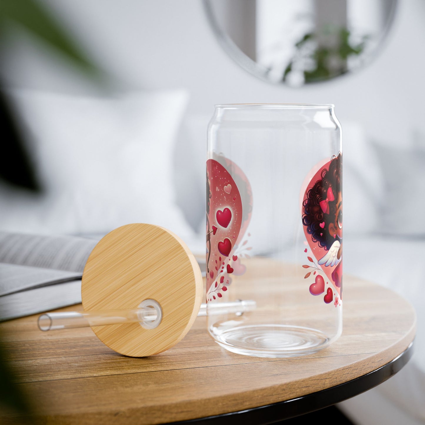 16oz Cupid Girl Sipper Glass — Cute Valentine Heart Straw Tumbler