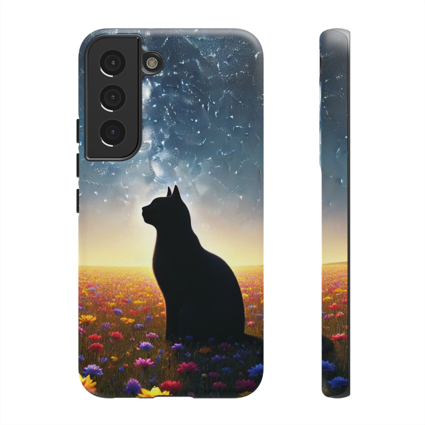 Cat Silhouette Phone Case | Floral Night Sky Design | Unique Gift, Cat Lover, Nature Lover, Birthday, Handmade