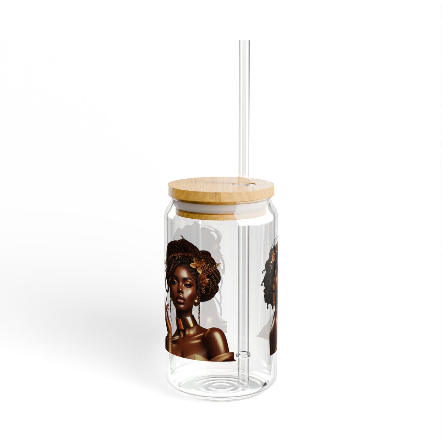 Elegant African Woman Sipper Glass, 16oz Drinkware, Stylish Water Bottle, Reusable Glass Jar, Unique Gift Idea, Ethnic Decor