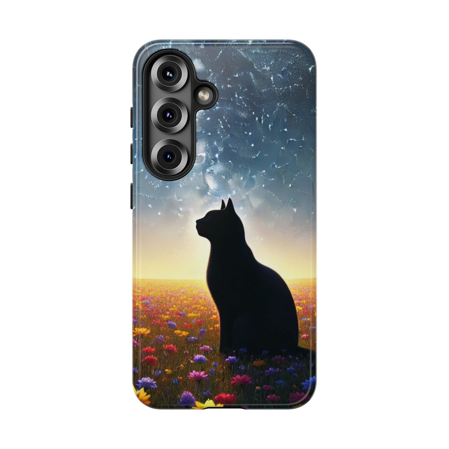 Cat Silhouette Phone Case | Floral Night Sky Design | Unique Gift, Cat Lover, Nature Lover, Birthday, Handmade