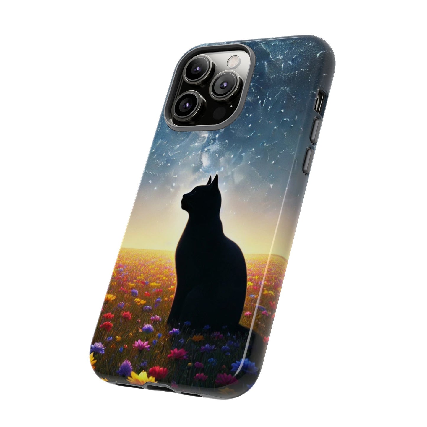 Cat Silhouette Phone Case | Floral Night Sky Design | Unique Gift, Cat Lover, Nature Lover, Birthday, Handmade