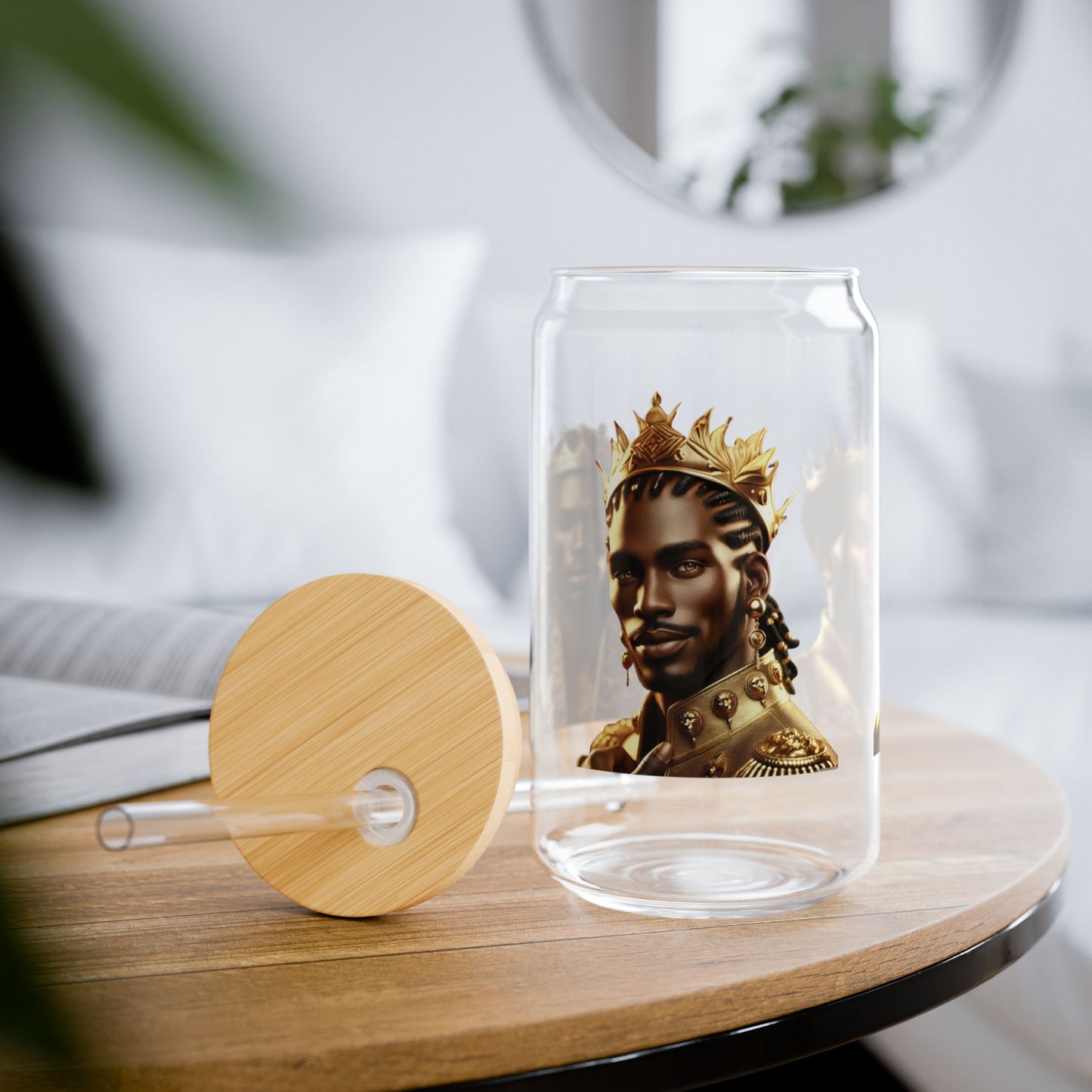 Sipper Glass, 16oz with Royal King Design, Unique Mug for Celebratory Events, Gift for Tea Lovers, Personality Drinkware, Stylish Hydration