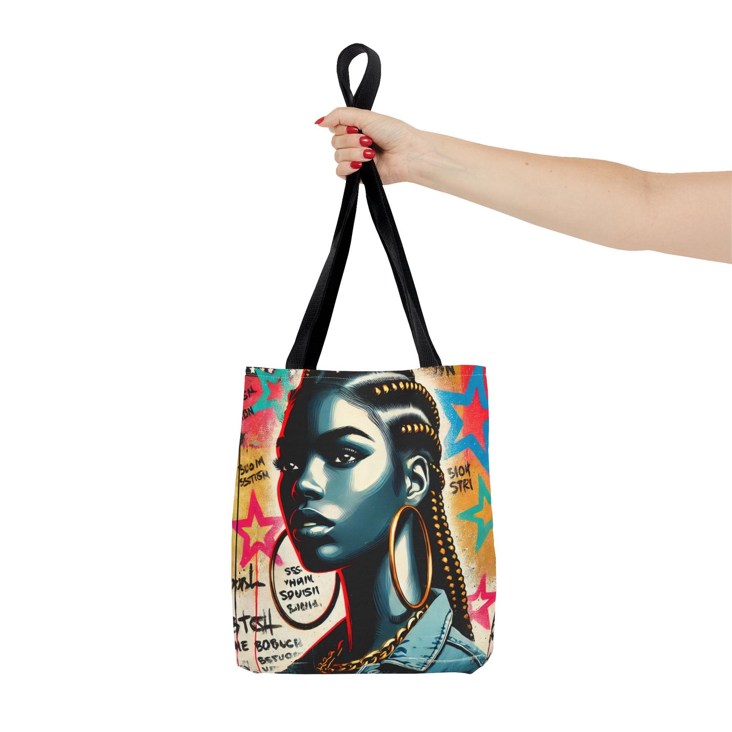 Braided Woman Portrait Tote Bag | Urban Graffiti Art, Colorful Star Background