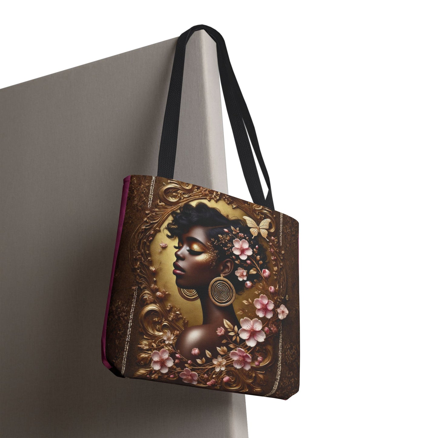 Afrocentric Floral Portrait Tote Bag | Vintage Frame, Butterfly Accents