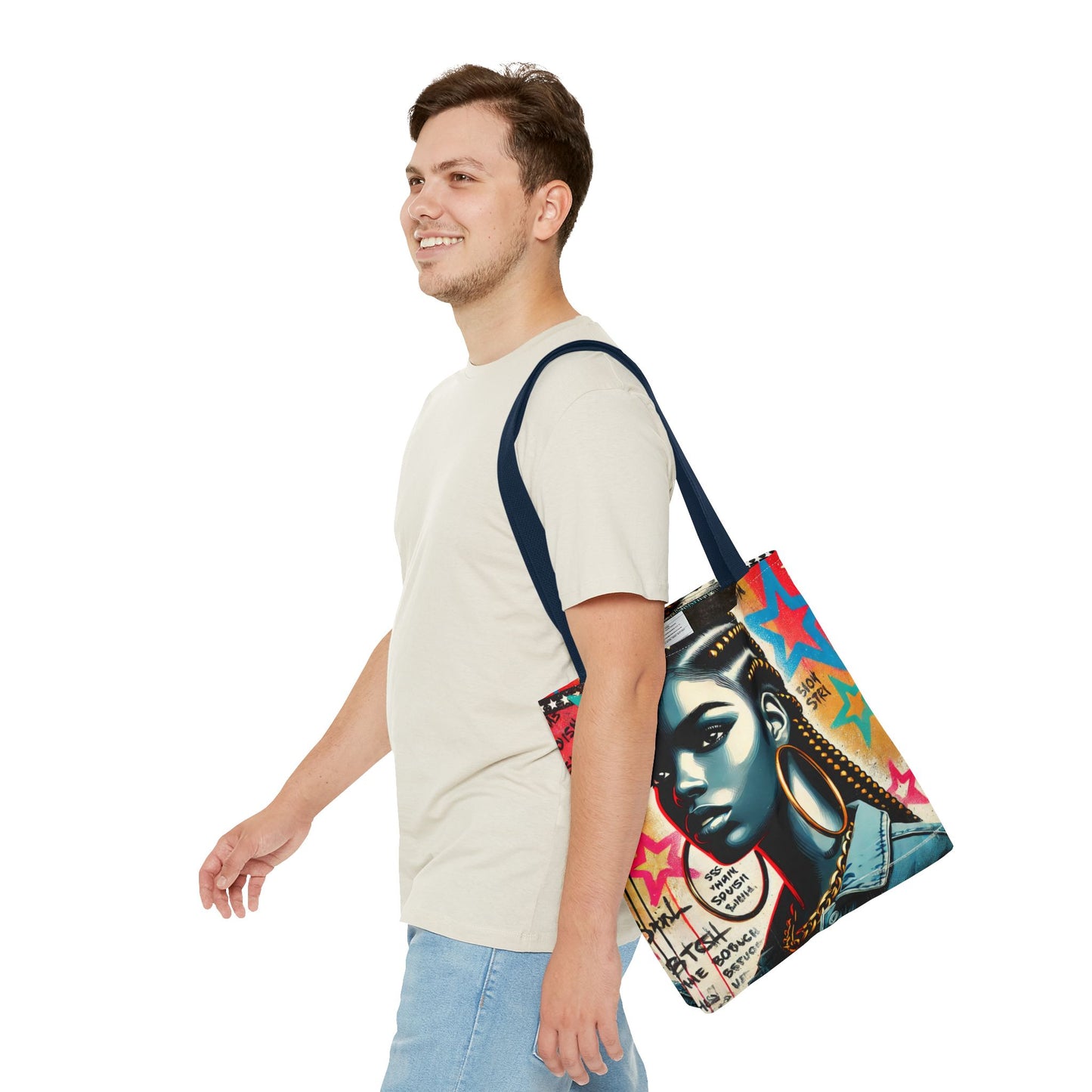 Braided Woman Portrait Tote Bag | Urban Graffiti Art, Colorful Star Background