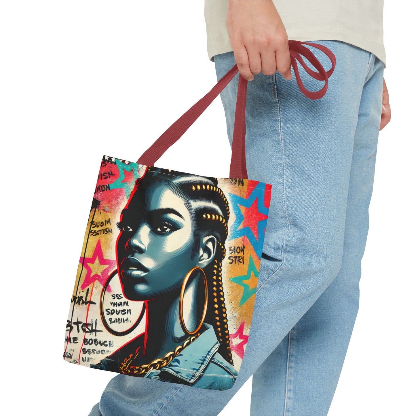 Braided Woman Portrait Tote Bag | Urban Graffiti Art, Colorful Star Background
