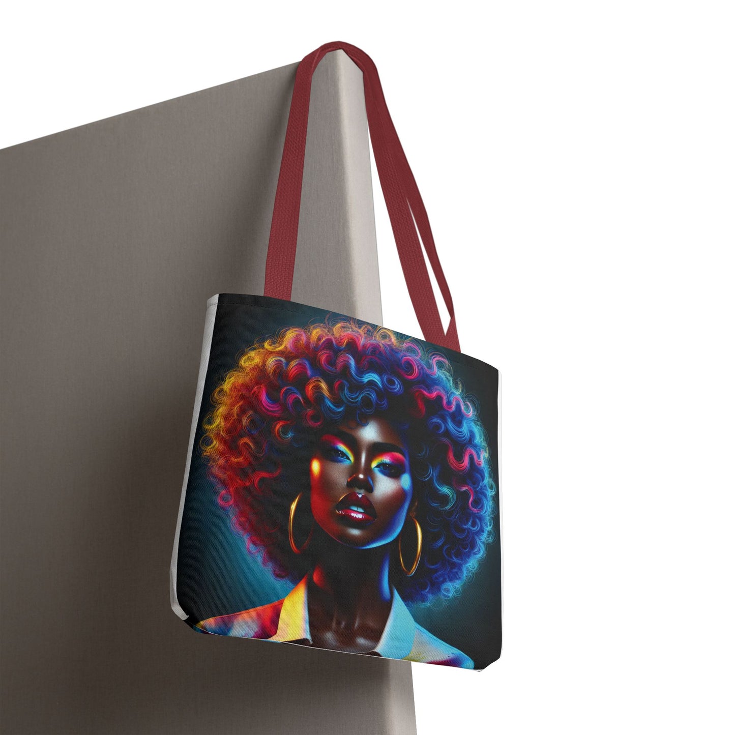 Neon Afro Portrait Tote Bag. Colorful Woman Illustration