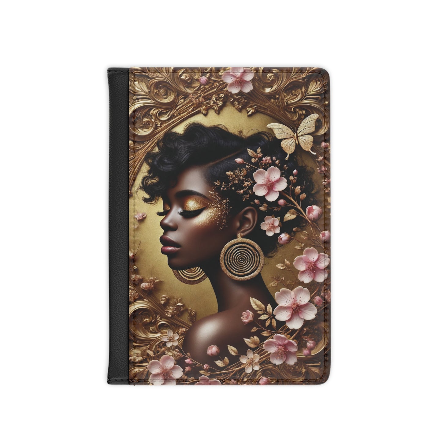 Afro Floral Portrait Passport Cover | Black Woman Profile, Gold Accents