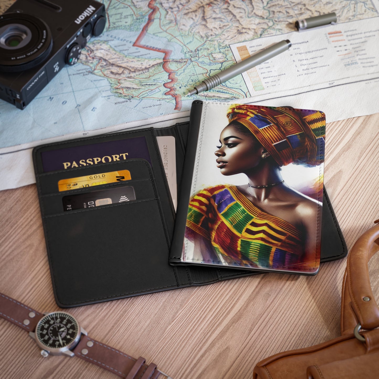 African Woman Portrait Passport Cover | Kente Headwrap Travel Accessory