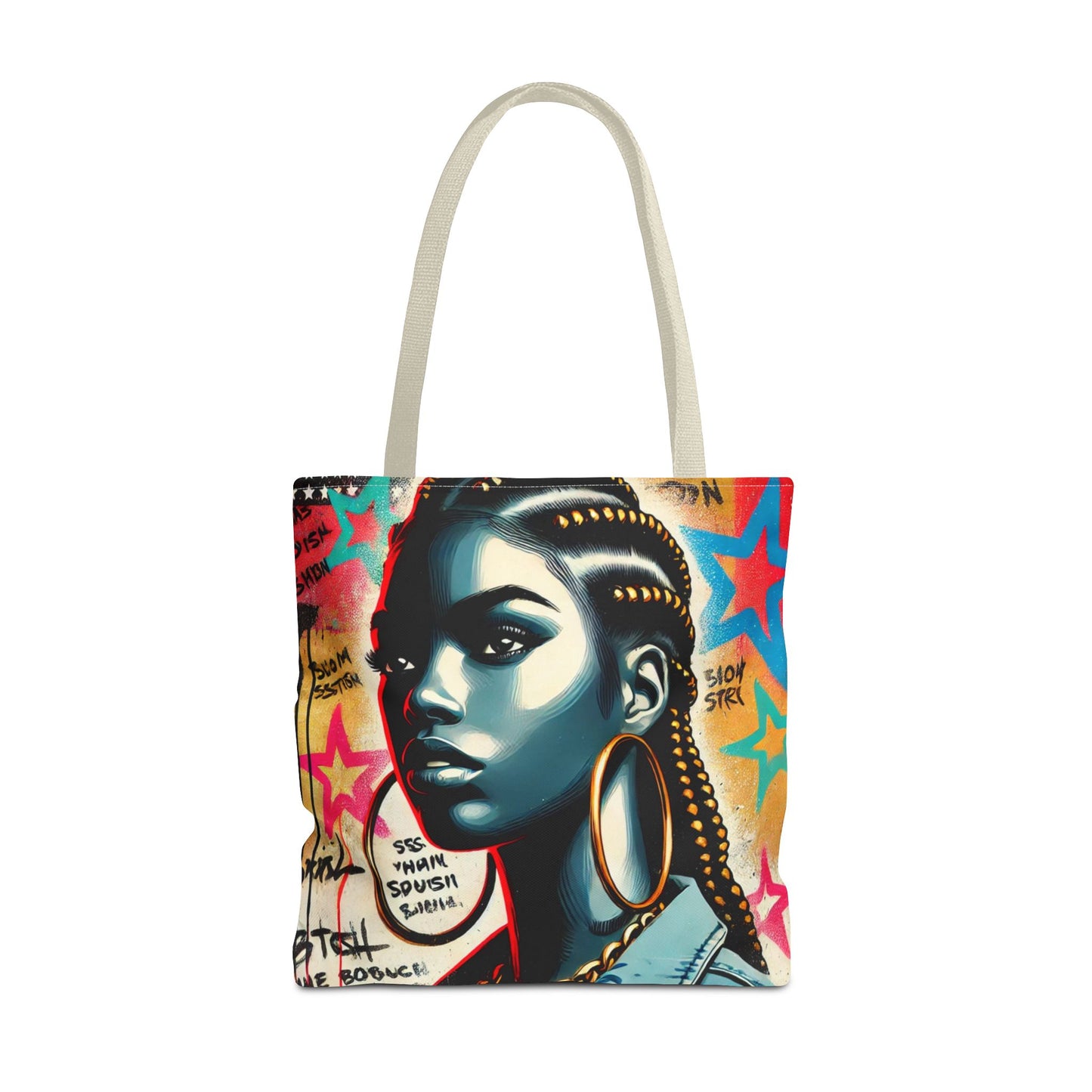 Braided Woman Portrait Tote Bag | Urban Graffiti Art, Colorful Star Background