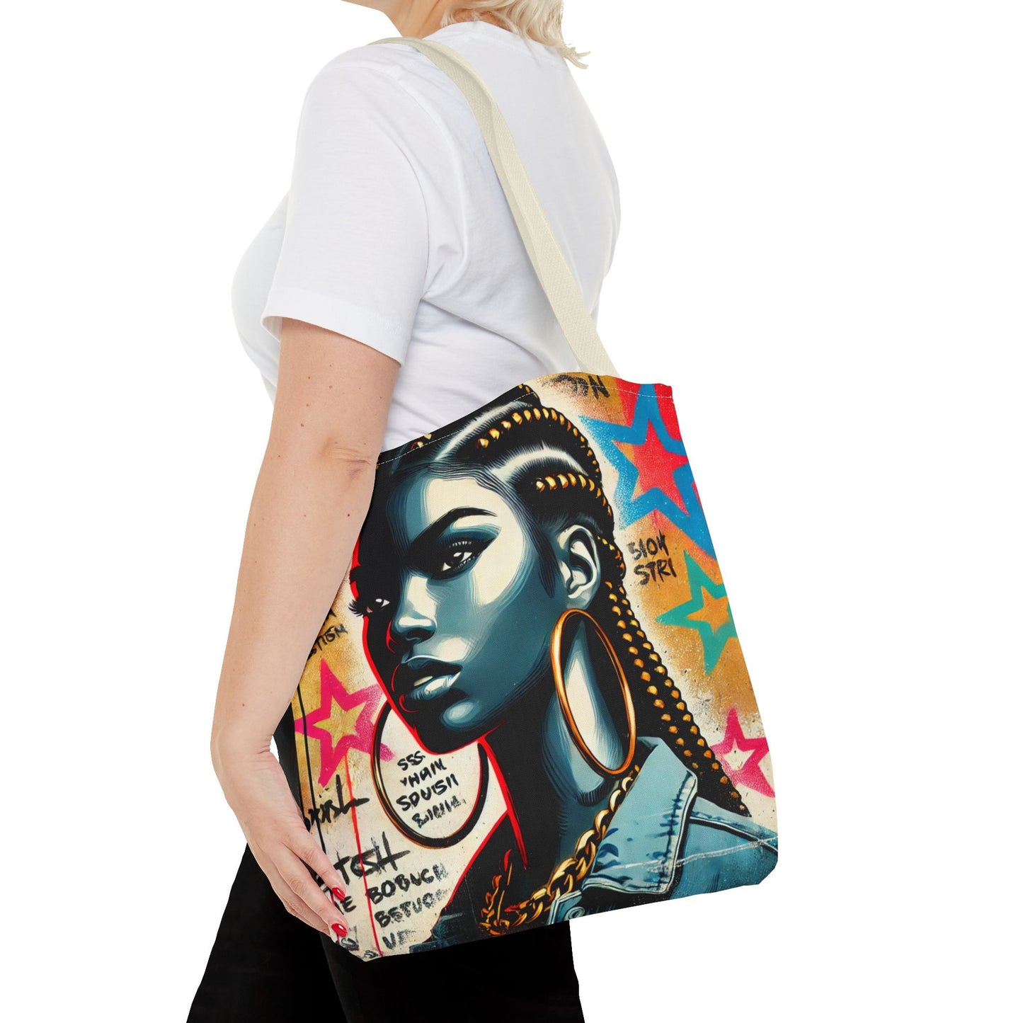 Braided Woman Portrait Tote Bag | Urban Graffiti Art, Colorful Star Background
