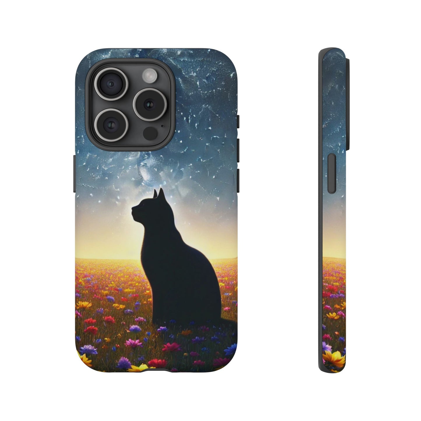 Cat Silhouette Phone Case | Floral Night Sky Design | Unique Gift, Cat Lover, Nature Lover, Birthday, Handmade