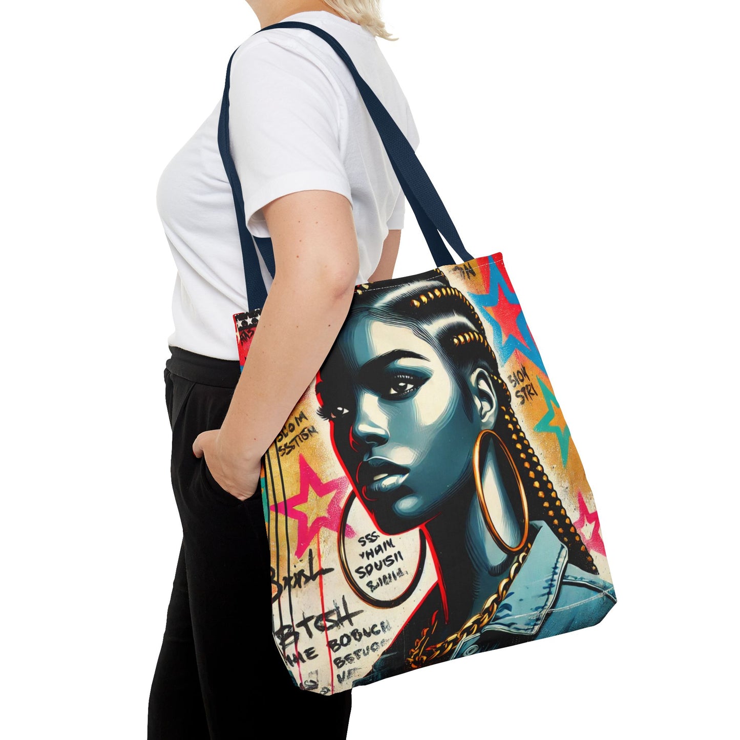 Braided Woman Portrait Tote Bag | Urban Graffiti Art, Colorful Star Background